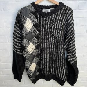 Gabrielle Men's Black Grey White Checkered Vintage Leather Acrylic Sweater -sz M
